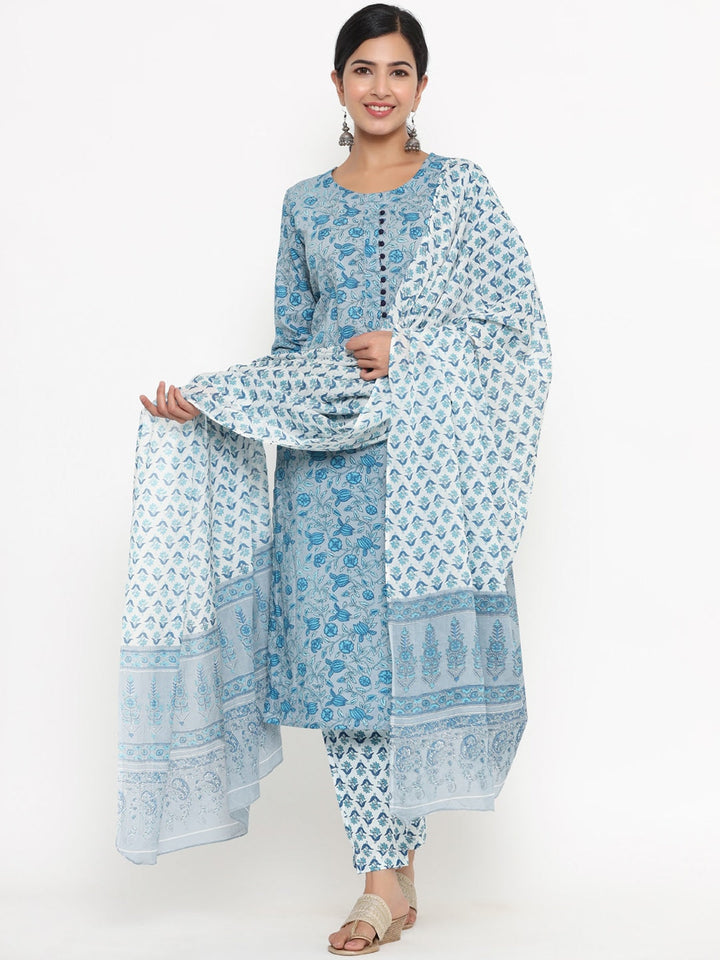 Grey Ethnic Motifs Printed Dupatta Set-Yufta Store-4749SKDGYM