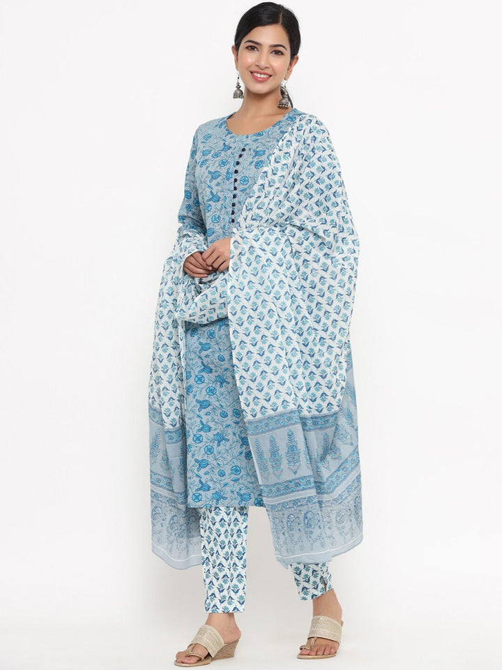 Grey Ethnic Motifs Printed Dupatta Set-Yufta Store-4749SKDGYM