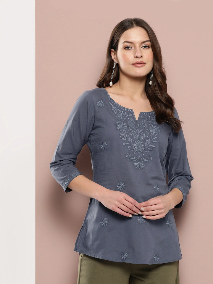 Grey Floral Chikankari Embroidered Pure Cotton Top-Yufta Store-1861TOPGYS