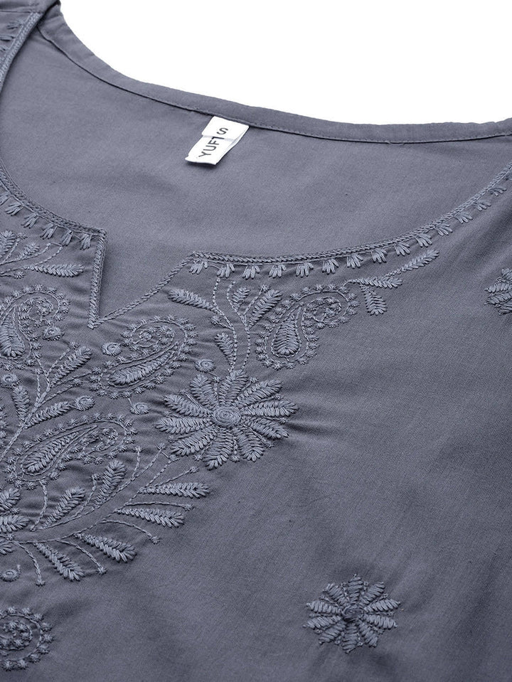 Grey Floral Chikankari Embroidered Pure Cotton Top-Yufta Store-1861TOPGYS