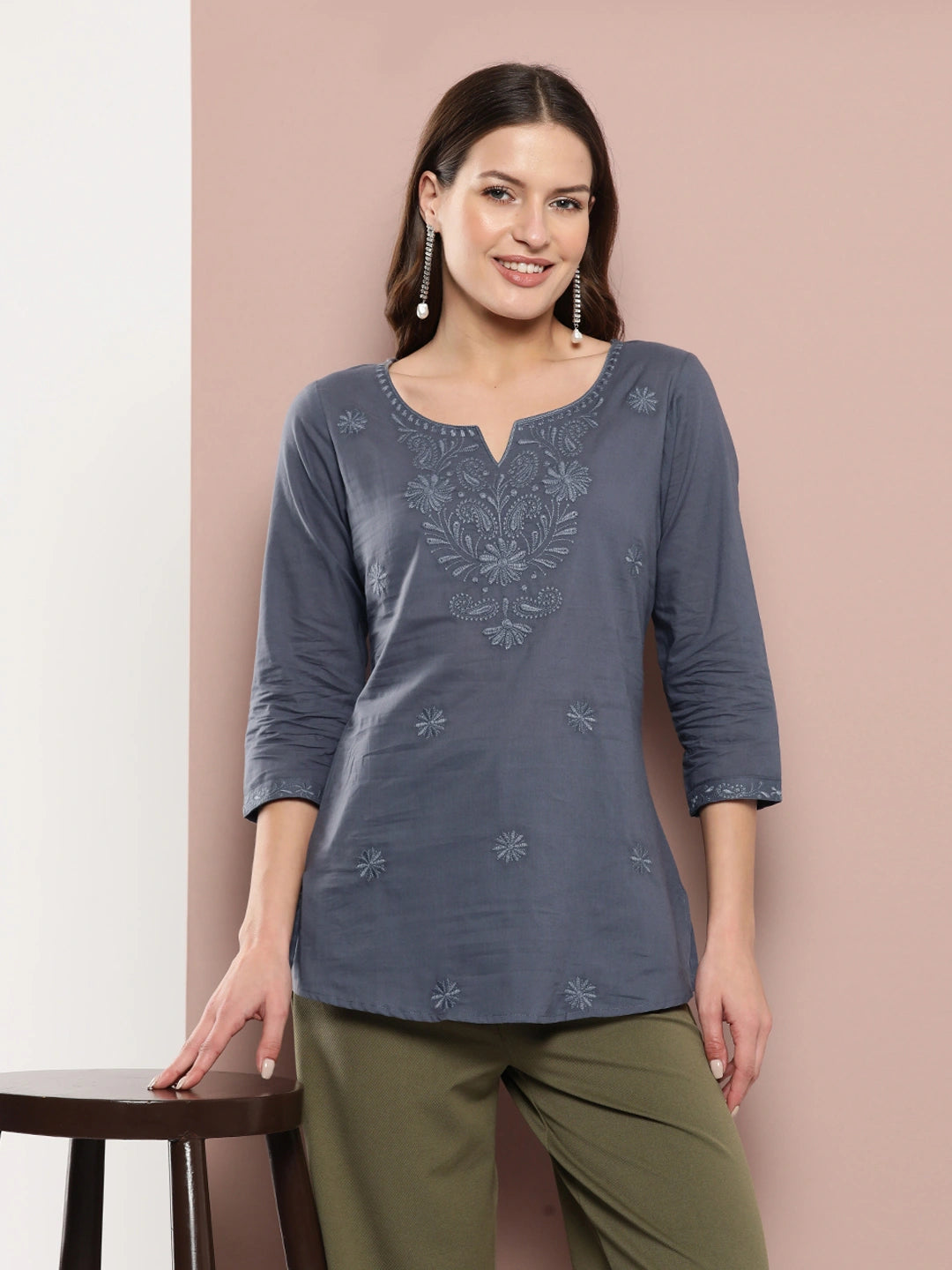 Grey Floral Chikankari Embroidered Pure Cotton Top