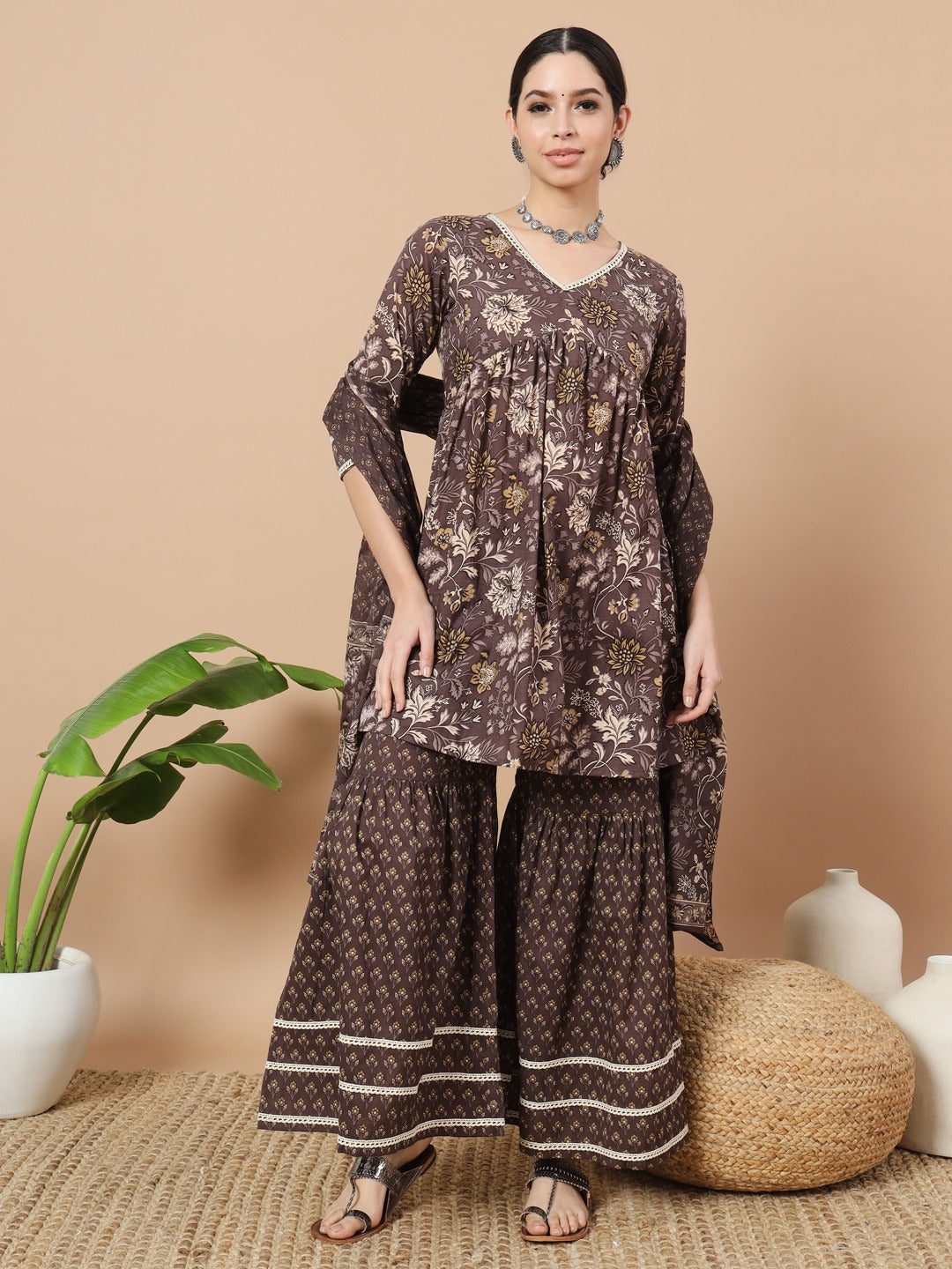 Grey Floral Print Straight Alia-Cut Kurta Sharara And Dupatta Set