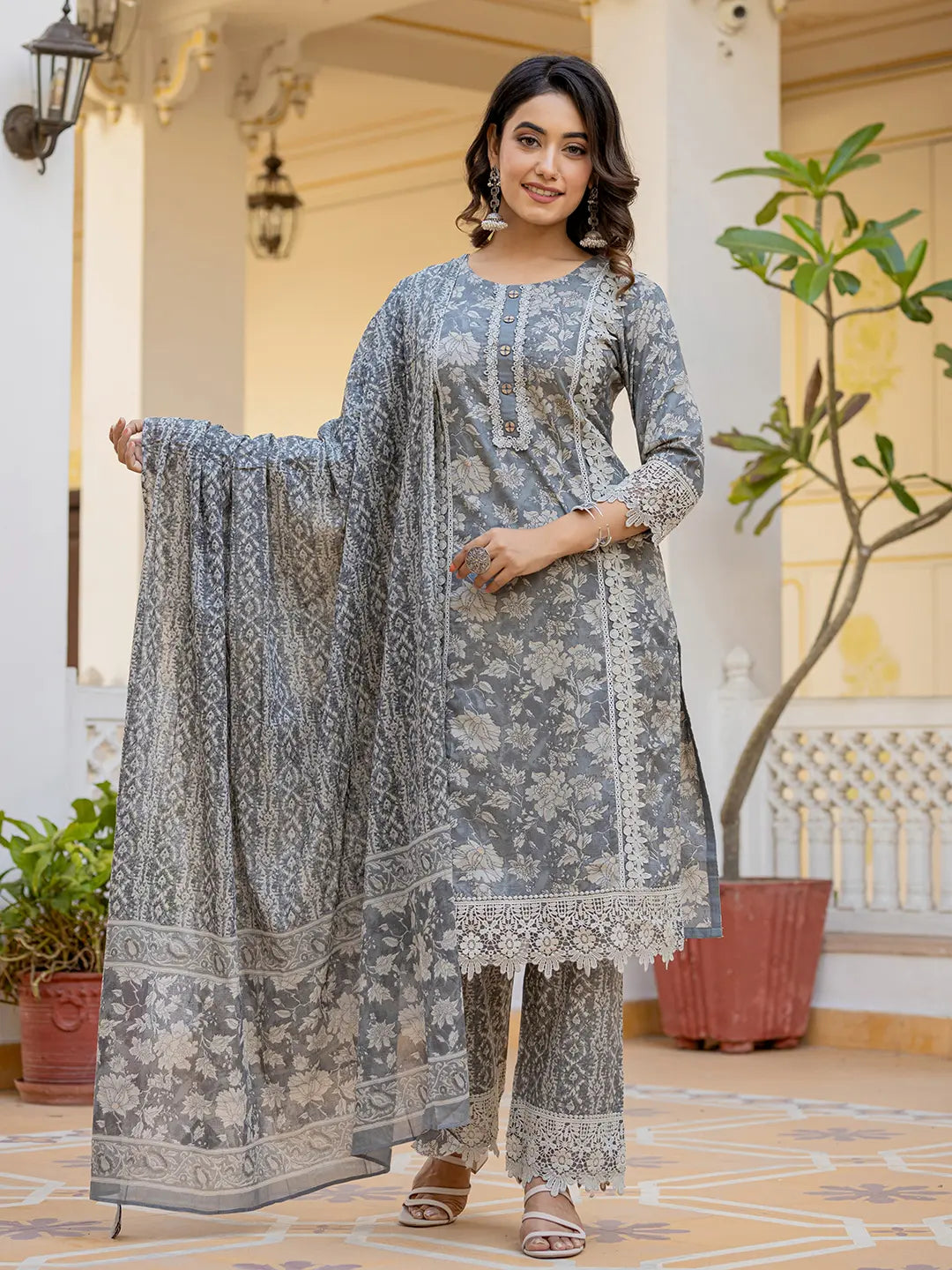Grey Floral Print Straight Pakistani Style Kurta Trouser And Dupatta Set With Lace Work-Yufta Store-6884SKDGYM