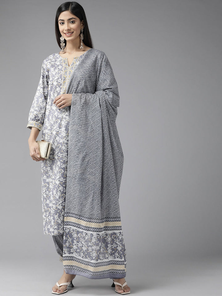 Grey Floral Printed Kurta Dupatta Set-Yufta Store-1122SKDGYS