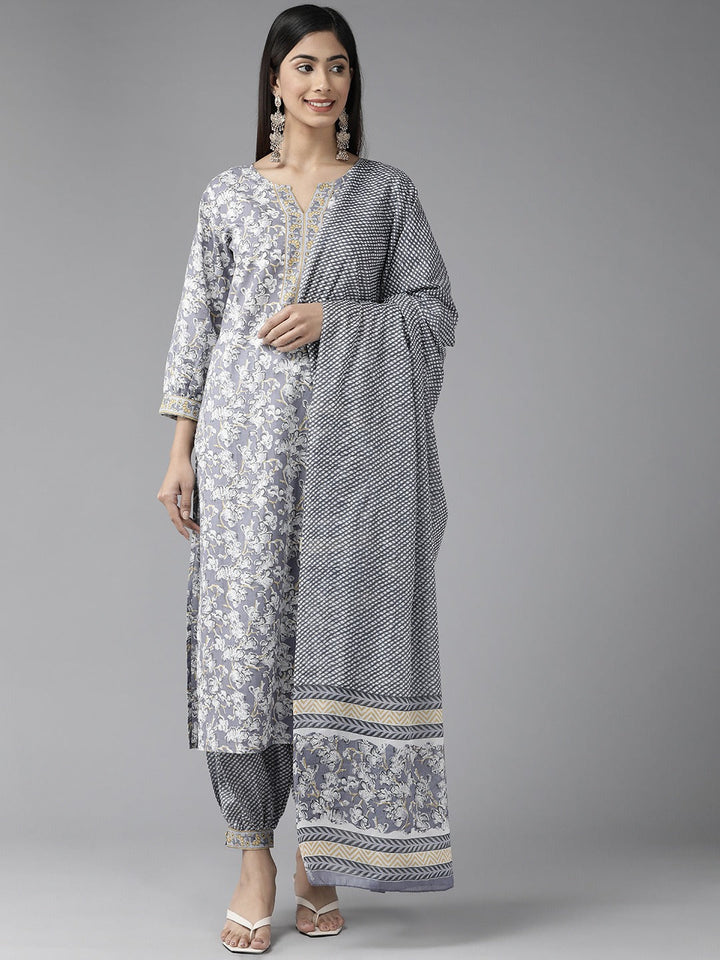 Grey Floral Printed Kurta Dupatta Set-Yufta Store-1122SKDGYS