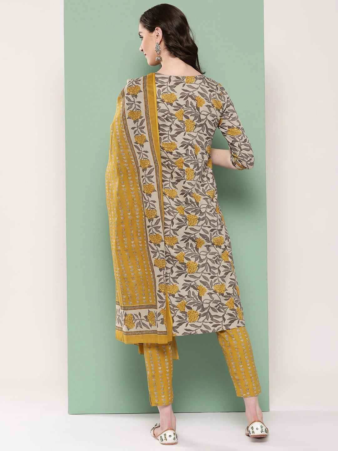 Grey Floral Printed Regular Kurta with Trousers & Dupatta-Yufta Store-1300SKDGYS