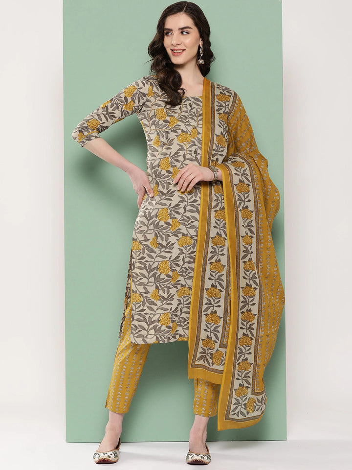 Grey Floral Printed Regular Kurta with Trousers & Dupatta-Yufta Store-1300SKDGYS