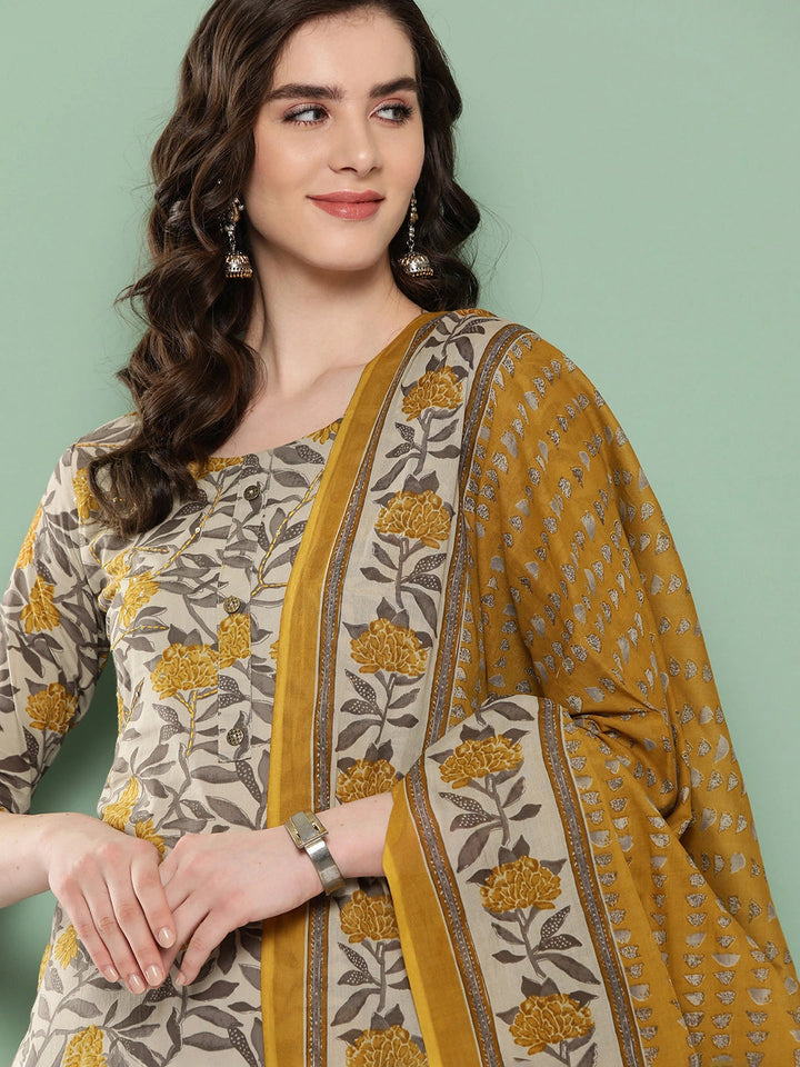 Grey Floral Printed Regular Kurta with Trousers & Dupatta-Yufta Store-1300SKDGYS