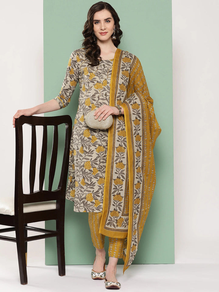 Grey Floral Printed Regular Kurta with Trousers & Dupatta-Yufta Store-1300SKDGYS