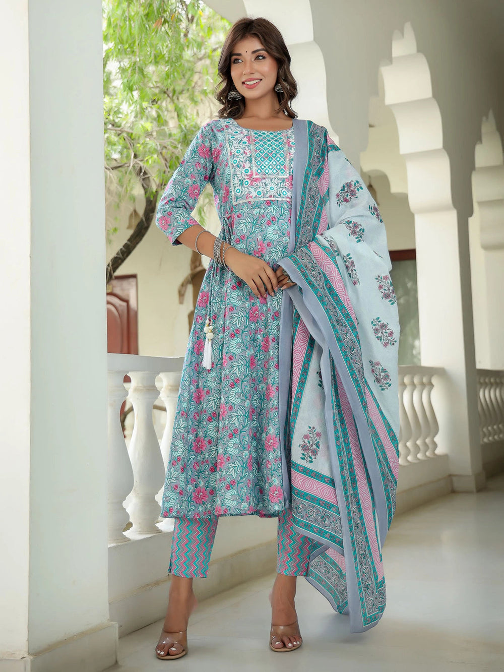 Grey Floral Printed Regular Thread Work Pure Cotton Kurta with Trousers & With Dupatta-Yufta Store-1584SKDGYS