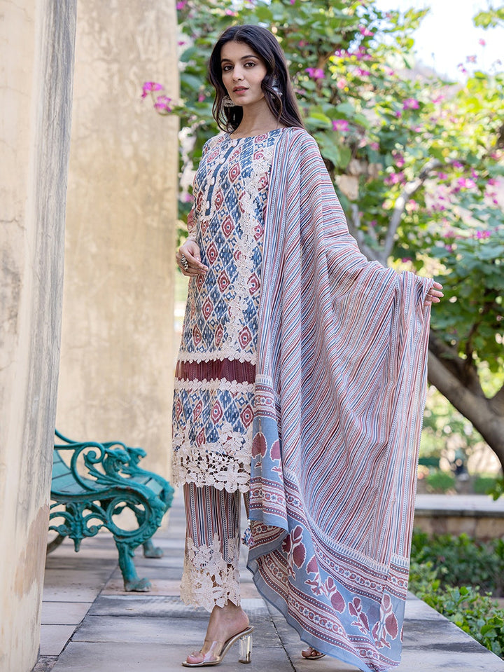 Grey Geometric Print Pakistani Style Kurta Trouser And Dupatta Set-Yufta Store-1991SKDGYS