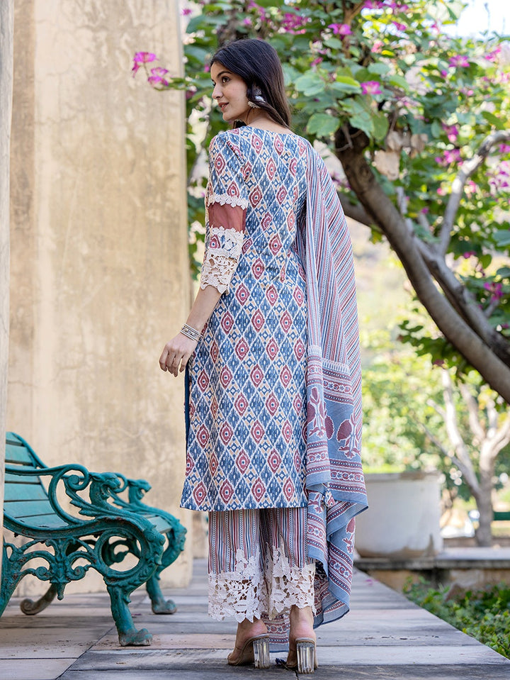 Grey Geometric Print Pakistani Style Kurta Trouser And Dupatta Set-Yufta Store-1991SKDGYS