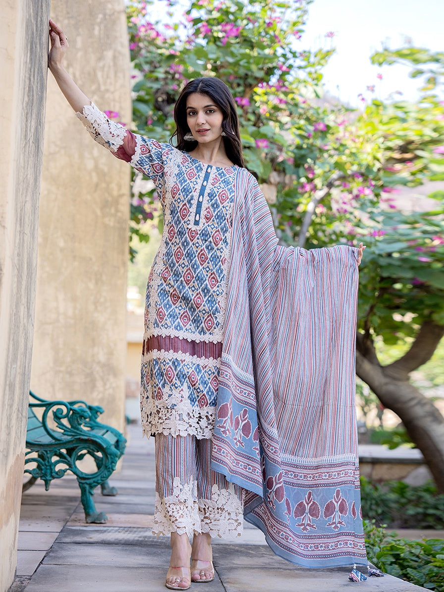 Grey Geometric Print Pakistani Style Kurta Trouser And Dupatta Set-Yufta Store-1991SKDGYS