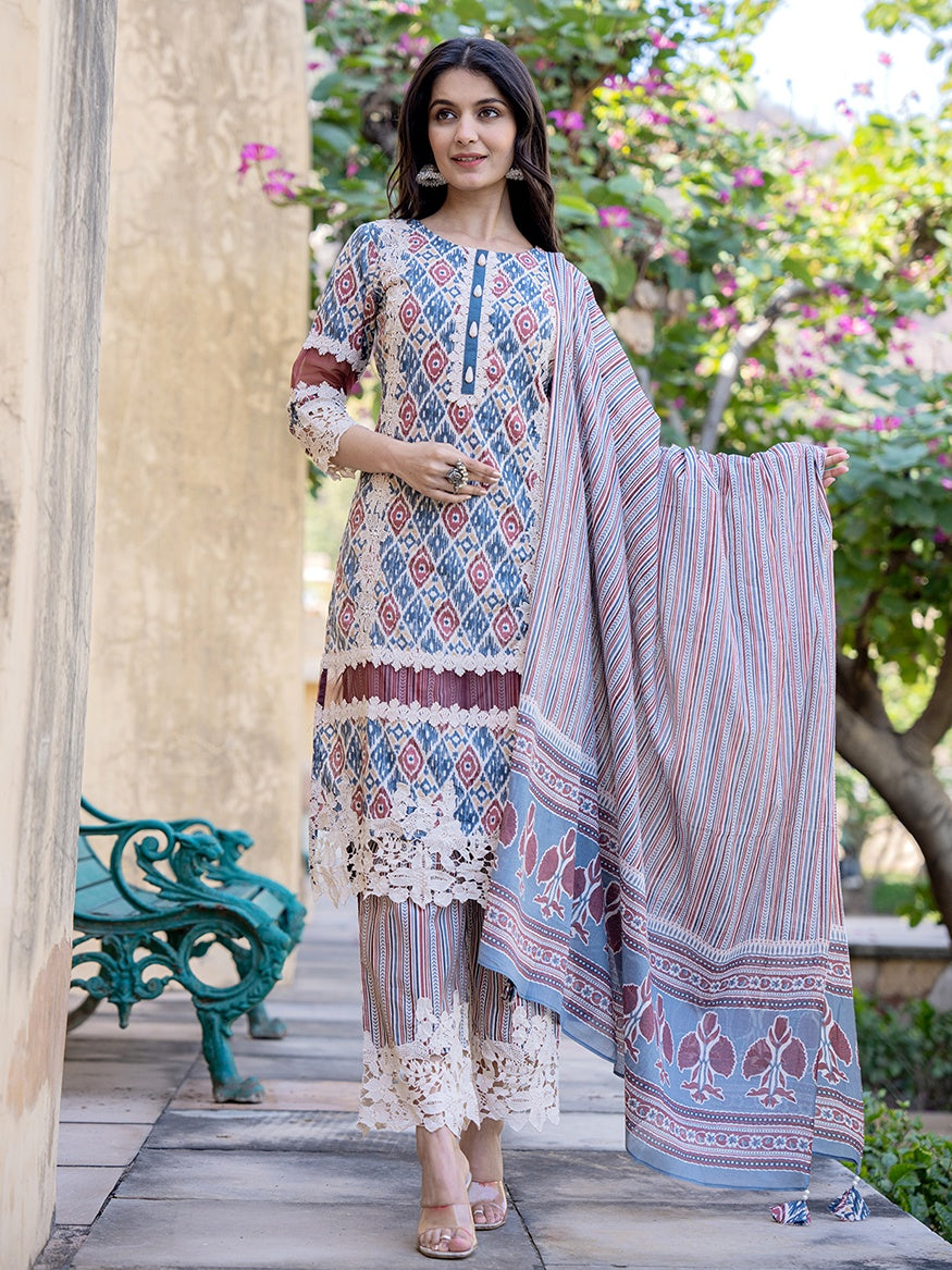 Grey Geometric Print Pakistani Style Kurta Trouser And Dupatta Set-Yufta Store-1991SKDGYS