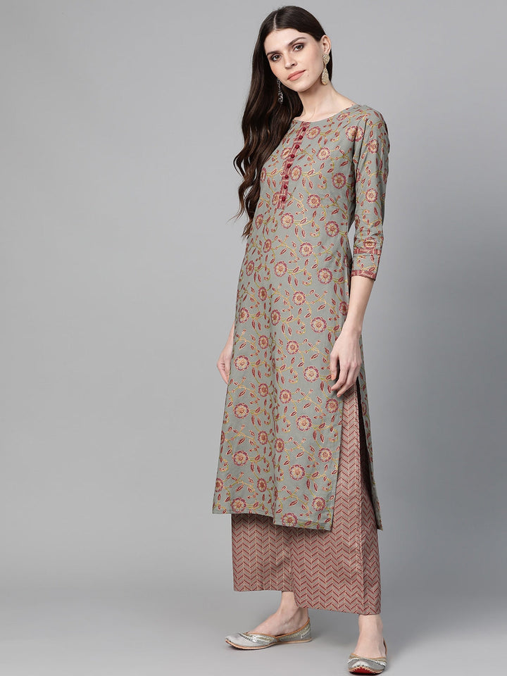 Grey & Gold Printed Kurta Set-Yufta Store-7541SETGYS