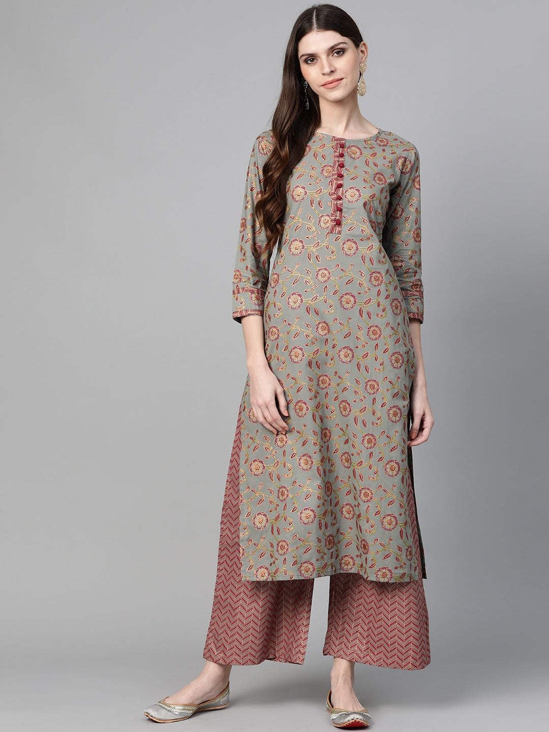 Grey & Gold Printed Kurta Set-Yufta Store-7541SETGYS