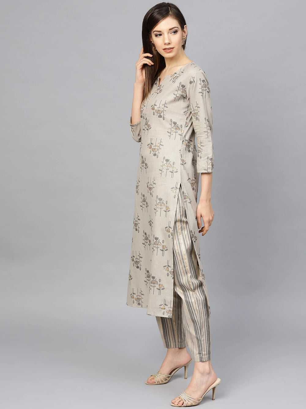 Grey & Golden Printed Kurta Set-Yufta Store-7135SETGYS