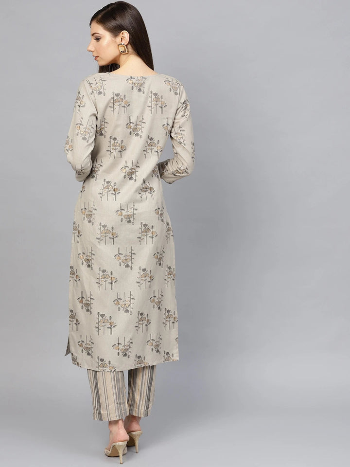 Grey & Golden Printed Kurta Set-Yufta Store-7135SETGYS