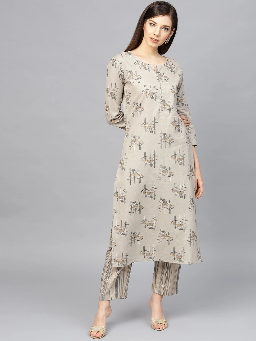 Grey & Golden Printed Kurta Set-Yufta Store-7135SETGYS