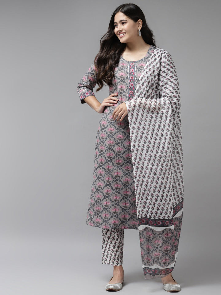 Grey Gotta Patti Cotton Dupatta Set-Yufta Store-9845SKDGYS