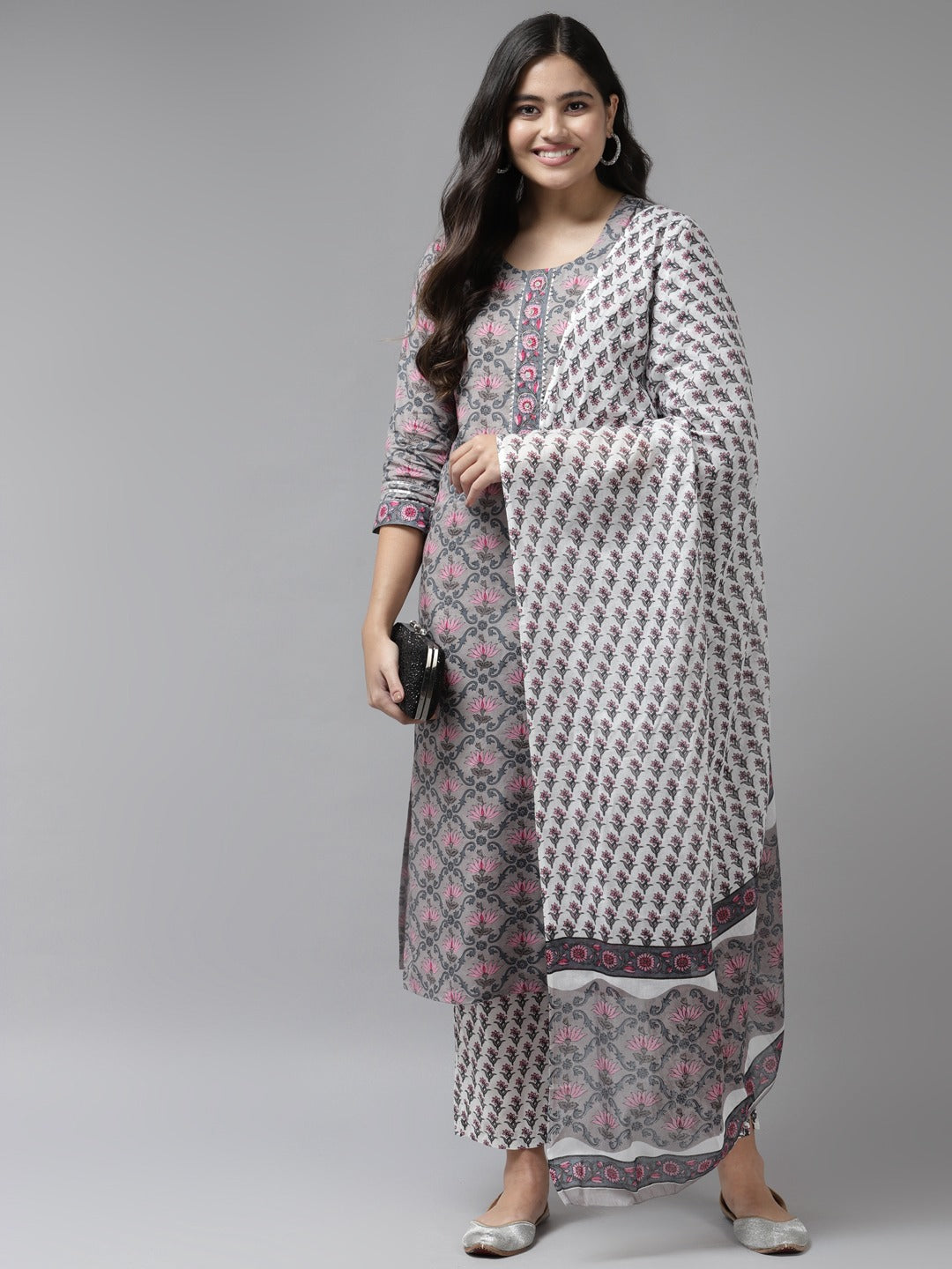 Grey Gotta Patti Cotton Dupatta Set-Yufta Store-9845SKDGYS