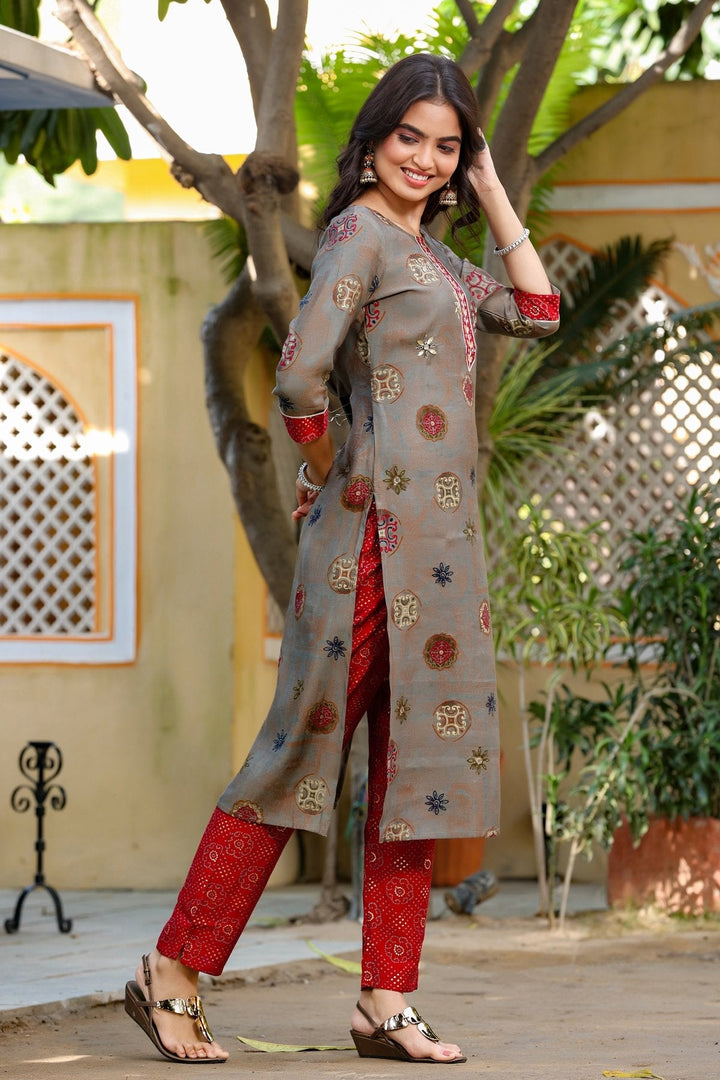 Grey & Maroon Printed Kurta Set-Yufta Store-2747SETGYM