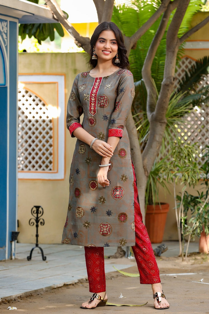 Grey & Maroon Printed Kurta Set-Yufta Store-2747SETGYM