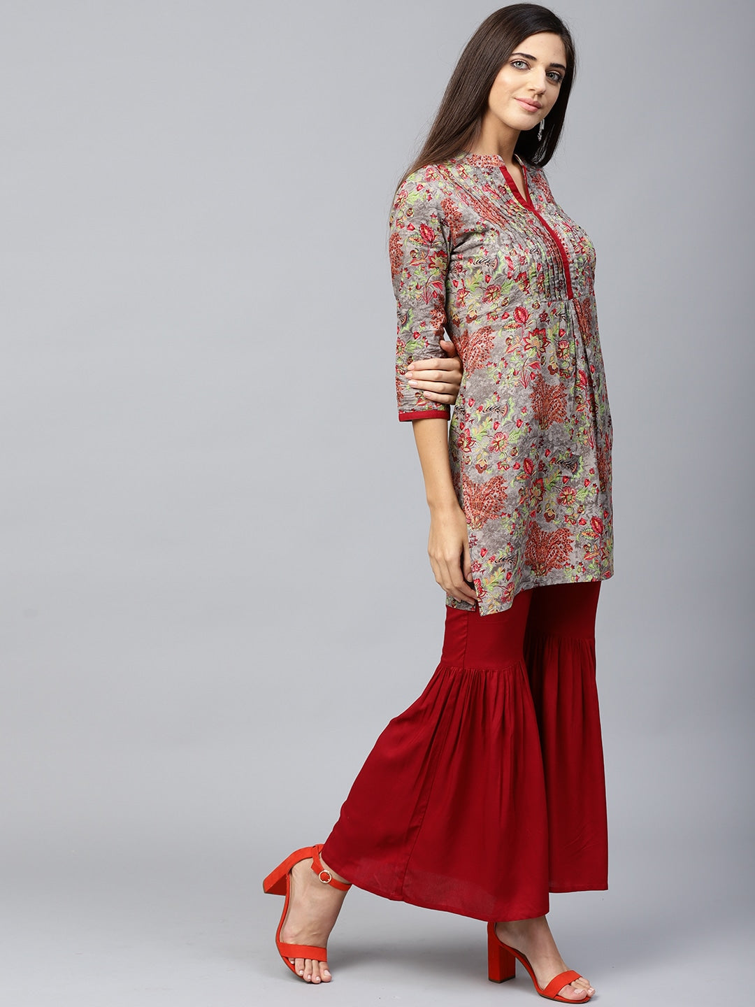 Grey & Maroon Printed Kurta Set-Yufta Store-YUFDSET1807S