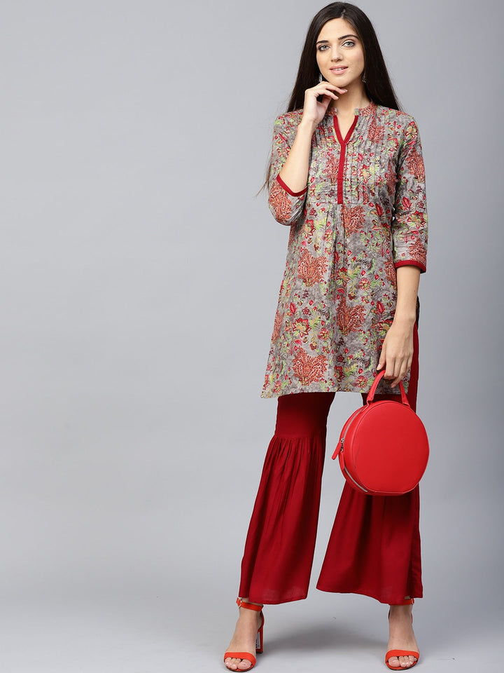 Grey & Maroon Printed Kurta Set-Yufta Store-YUFDSET1807S