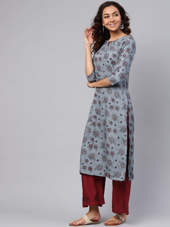 Grey & Maroon Printed Kurta Set-Yufta Store-YUFGKSET751S