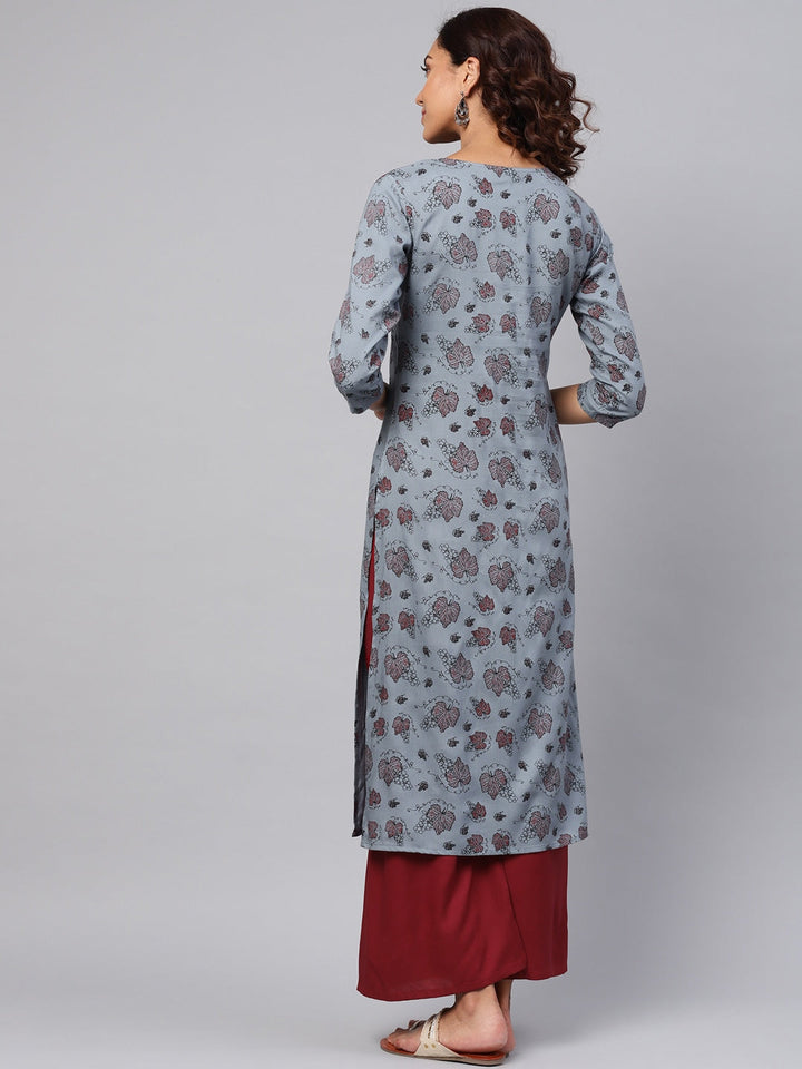 Grey & Maroon Printed Kurta Set-Yufta Store-YUFGKSET751S