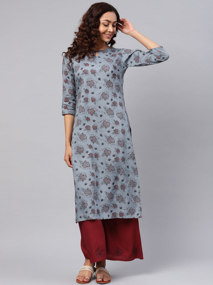 Grey & Maroon Printed Kurta Set-Yufta Store-YUFGKSET751S