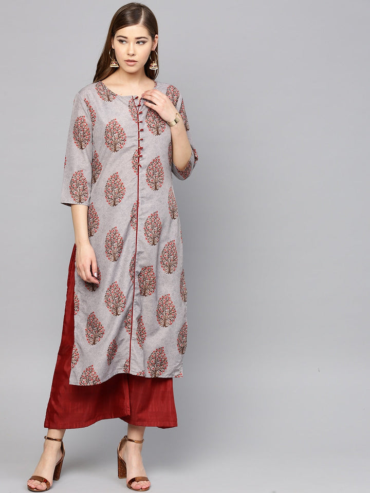 Grey & Maroon Printed Kurta Set-Yufta Store-YUFNSET2007S