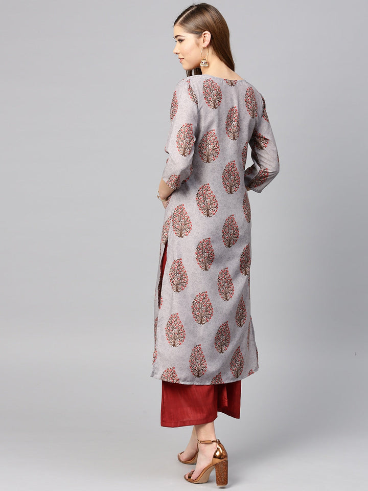 Grey & Maroon Printed Kurta Set-Yufta Store-YUFNSET2007S