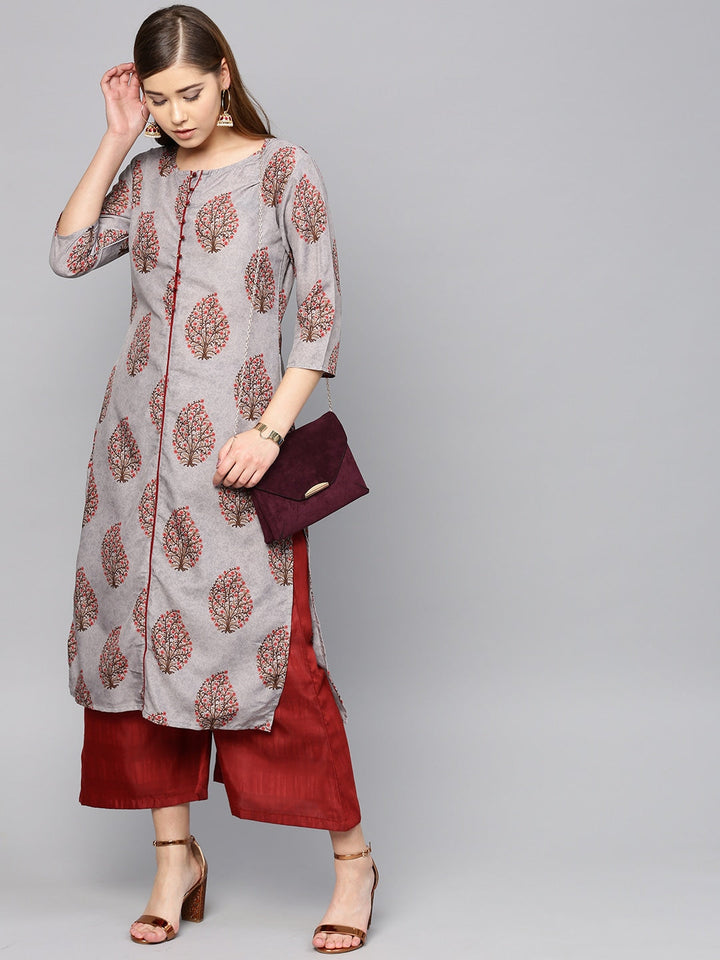 Grey & Maroon Printed Kurta Set-Yufta Store-YUFNSET2007S