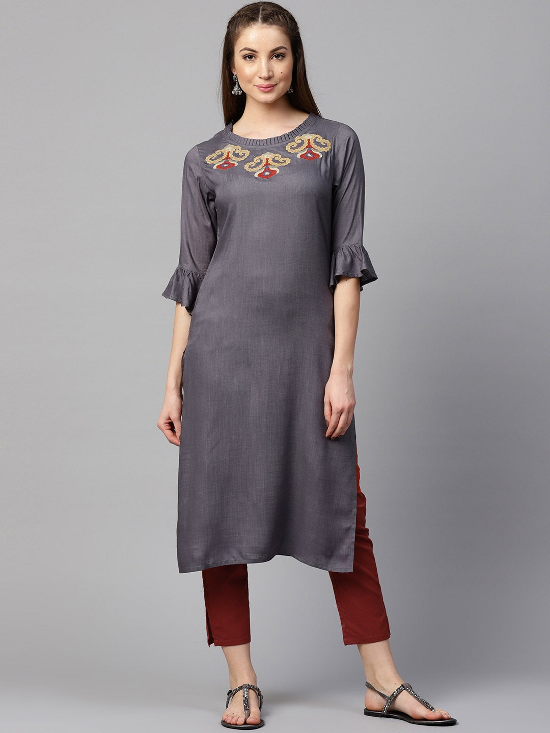 Grey & Maroon Solid Kurta Set-Yufta Store-DBNWSET1609GREYS