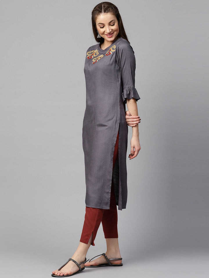 Grey & Maroon Solid Kurta Set-Yufta Store-DBNWSET1609GREYS