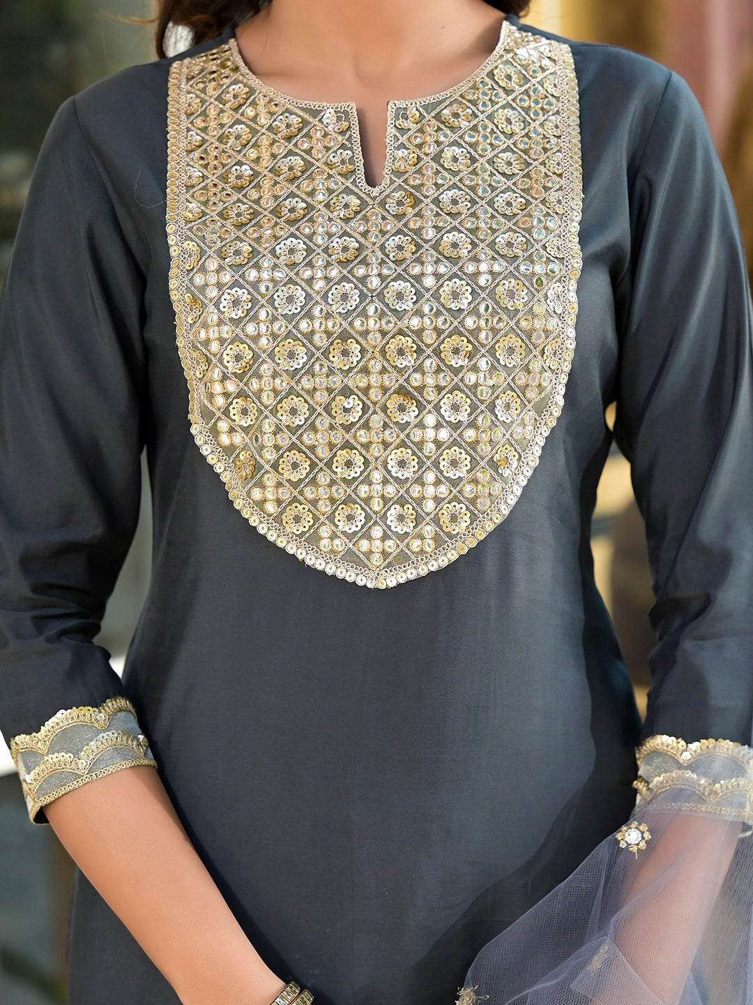 Grey Mirror_Work,Sequins_Work Kurta Trouser with Dupatta Set