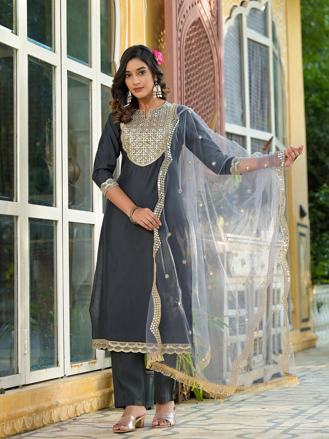 Grey Mirror_Work,Sequins_Work Kurta Trouser with Dupatta Set