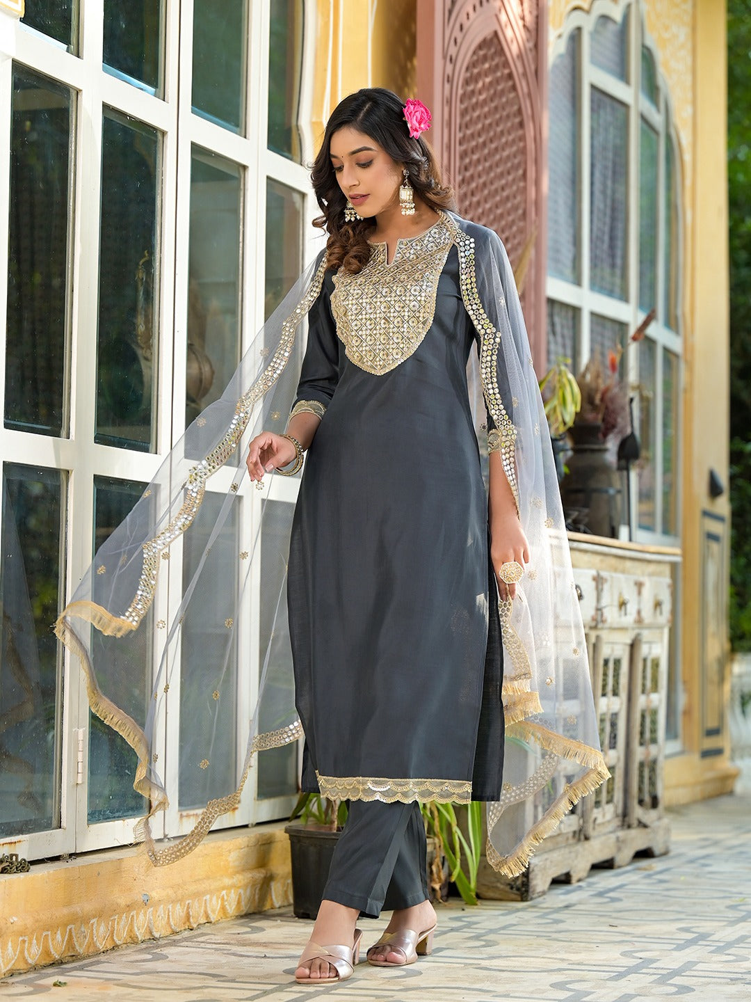 Grey Mirror_Work,Sequins_Work Kurta Trouser with Dupatta Set