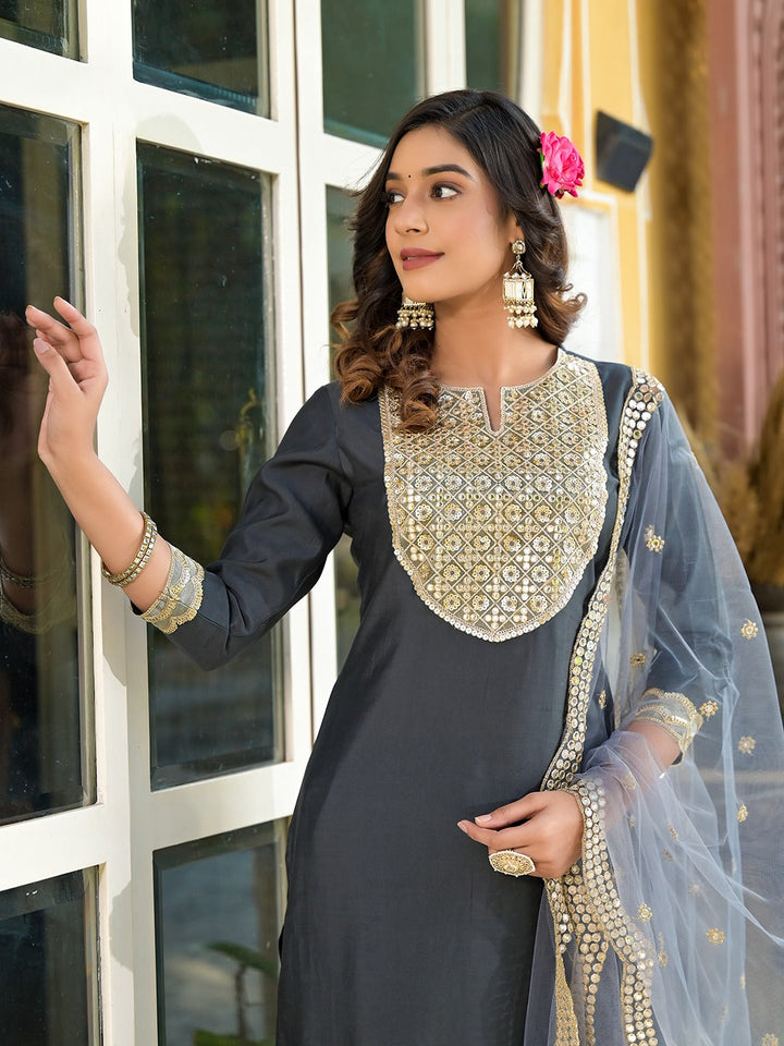 Grey Mirror_Work,Sequins_Work Kurta Trouser with Dupatta Set