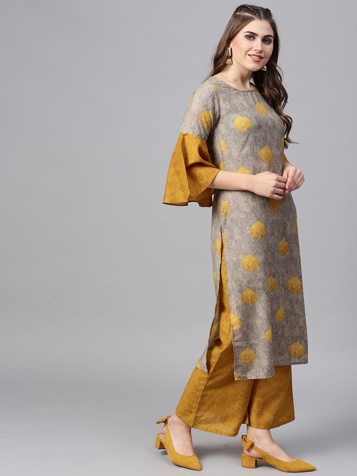 Grey & Mustard Printed Kurta Set-Yufta Store-YUFNSET1975S