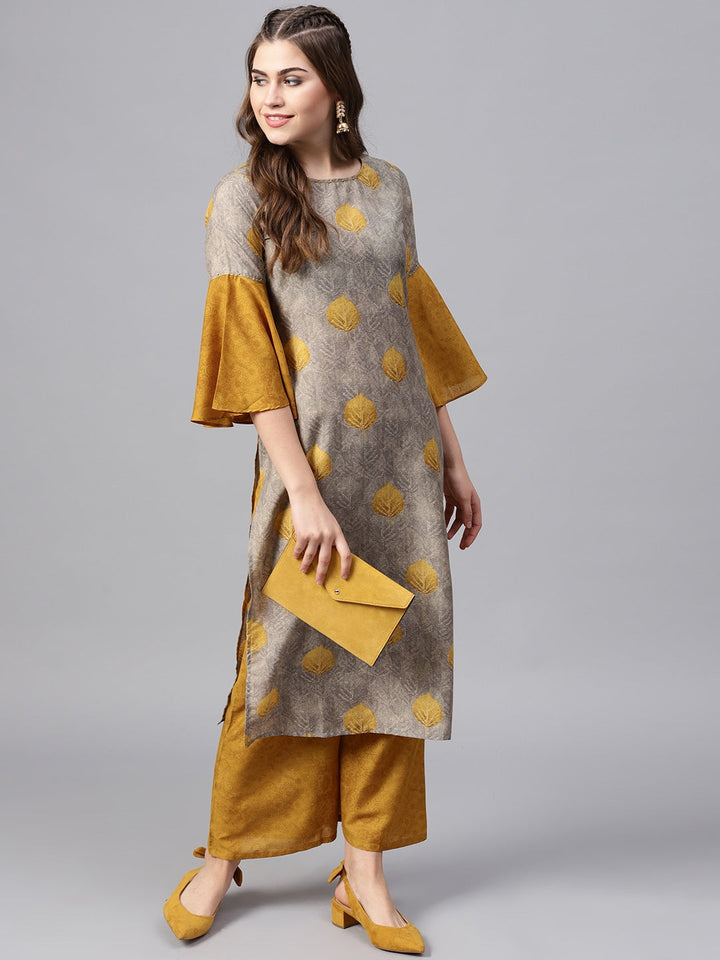 Grey & Mustard Printed Kurta Set-Yufta Store-YUFNSET1975S