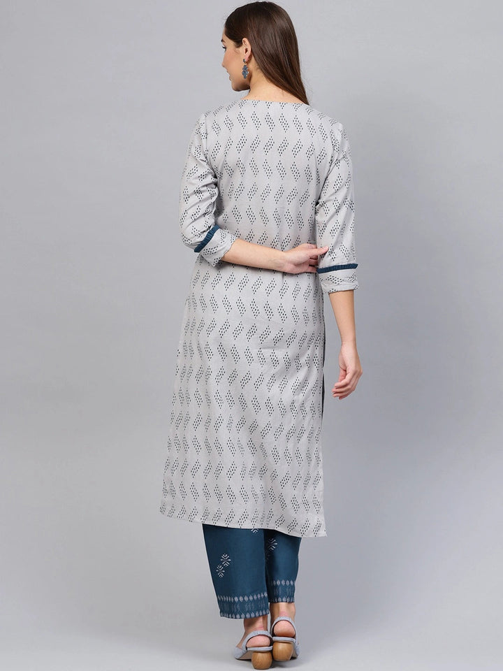 Grey & Navy Printed Kurta Set-Yufta Store-2617SETGYS