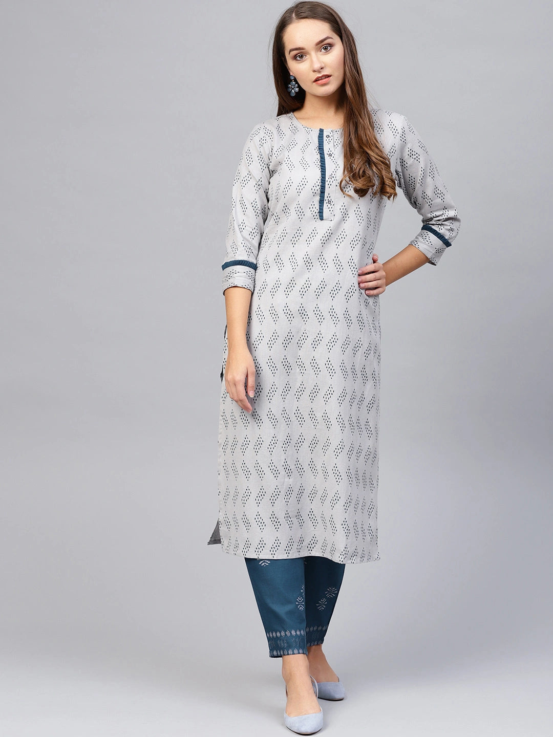 Grey & Navy Printed Kurta Set-Yufta Store-2617SETGYS