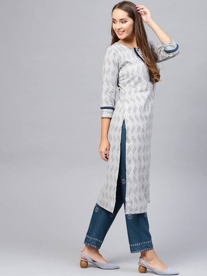 Grey & Navy Printed Kurta Set-Yufta Store-2617SETGYS