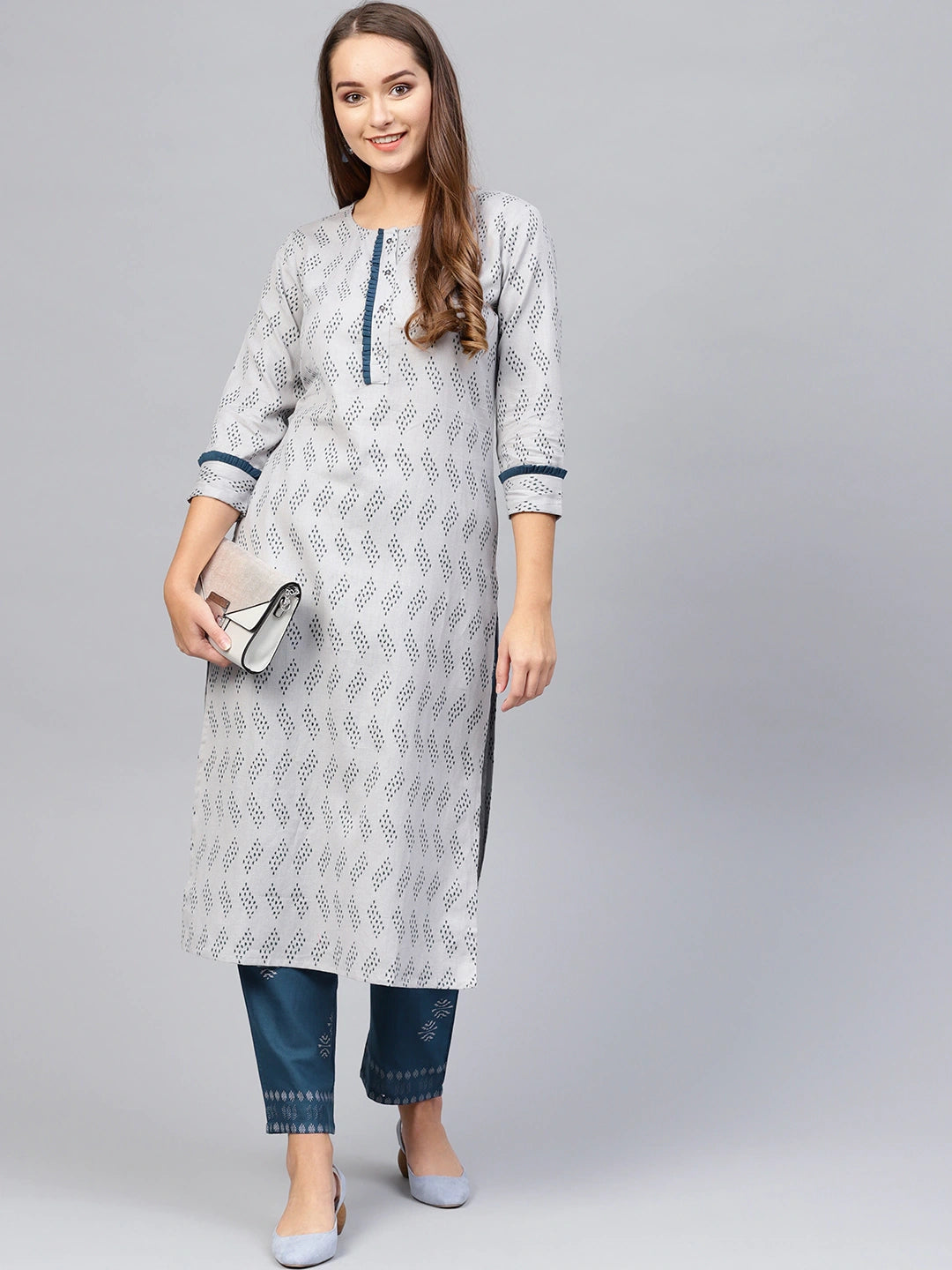 Grey & Navy Printed Kurta Set