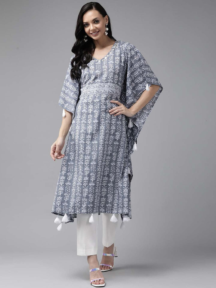 Grey & Off White Printed Kaftan-Yufta Store-9290KFTGYS