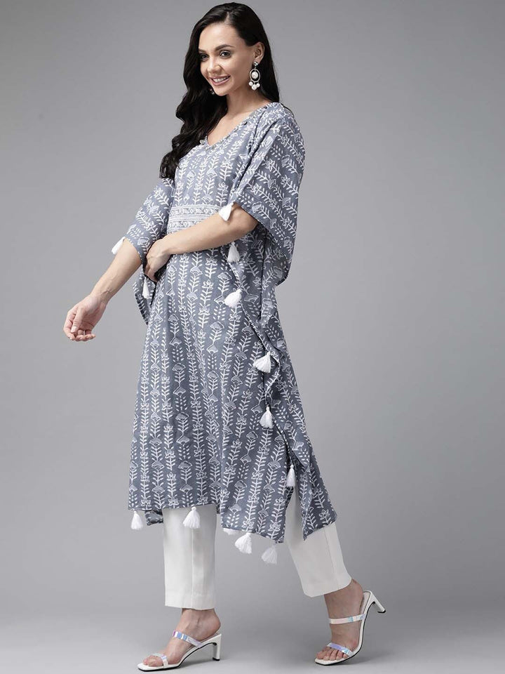 Grey & Off White Printed Kaftan-Yufta Store-9290KFTGYS