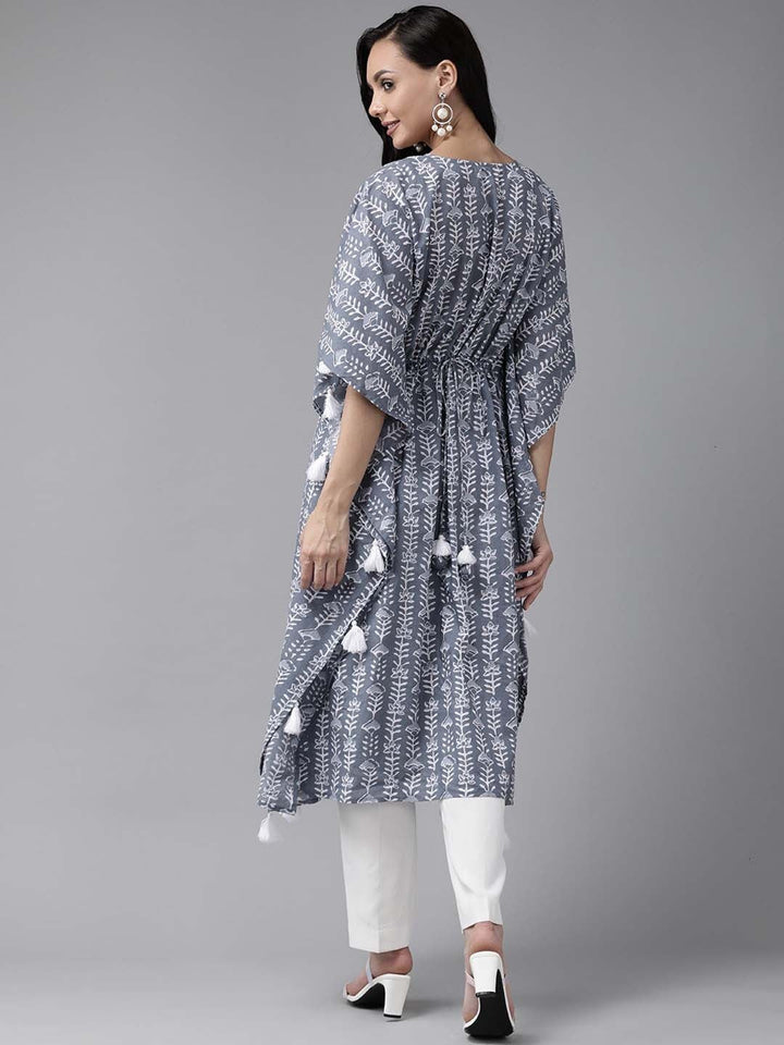 Grey & Off White Printed Kaftan-Yufta Store-9290KFTGYS